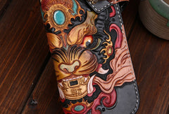 Handmade leather Long Chinese Monster biker trucker chain wallet leather men Carved Tooled wallet - EverHandmade