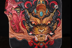 Handmade leather Long Chinese Monster biker trucker chain wallet leather men Carved Tooled wallet - EverHandmade