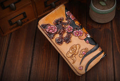 Handmade leather Beijing opera makeup general wallet leather zip men Long Clutch Tooled wallet