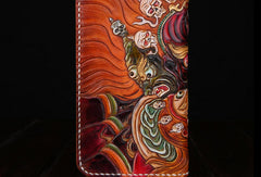 Handmade leather Chinese devil  wallet leather zip men clutch Carved Tooled wallet