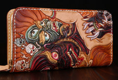 Handmade leather Chinese devil  wallet leather zip men clutch Carved Tooled wallet