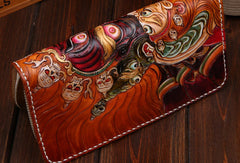 Handmade leather Chinese devil  wallet leather zip men clutch Carved Tooled wallet