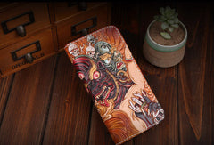Handmade leather Chinese devil  wallet leather zip men clutch Carved Tooled wallet