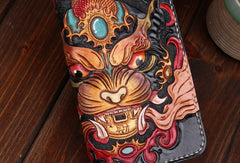 Handmade leather Chinese Monster Black wallet leather zip men clutch Carved Tooled wallet - EverHandmade