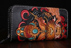 Handmade leather Chinese Monster Black wallet leather zip men clutch Carved Tooled wallet - EverHandmade