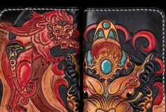 Handmade leather Chinese Monster Black wallet leather zip men clutch Carved Tooled wallet - EverHandmade