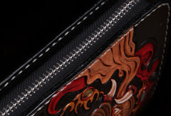 Handmade leather Chinese Monster Black wallet leather zip men clutch Carved Tooled wallet - EverHandmade