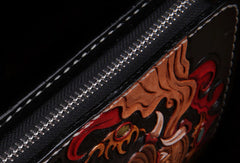Handmade leather Chinese Monster Black wallet leather zip men clutch Carved Tooled wallet
