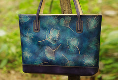 Handmade leather tote bag vintage leaves Tan blue shoulder bag large retro for her