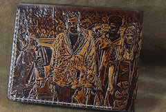 Handmade men leather wallet the walking dead billfold coffee carved custom for men