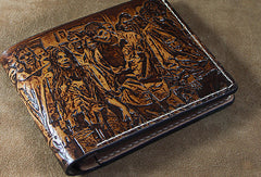 Handmade men leather wallet the walking dead billfold coffee carved custom for men