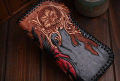 Handmade leather Tooled Chain biker Wallet trucker Chinese Devil Hunter wallet leather chain men Long Black Carved Tooled wallet