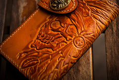Handmade leather indian chief skull brown coffee carved biker wallet trucker billfold wallet for men - EverHandmade