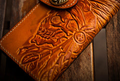 Handmade leather indian chief skull brown coffee carved biker wallet trucker billfold wallet for men - EverHandmade