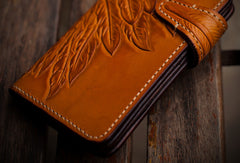Handmade leather indian chief skull brown coffee carved biker wallet trucker billfold wallet for men - EverHandmade
