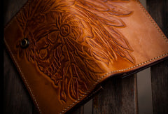 Handmade leather indian chief skull brown coffee carved biker wallet trucker billfold wallet for men - EverHandmade