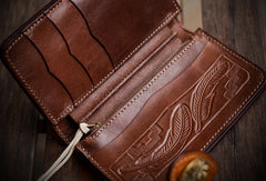 Handmade leather indian chief skull brown coffee carved biker wallet trucker billfold wallet for men - EverHandmade