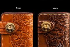 Handmade leather indian chief skull brown coffee carved biker wallet trucker billfold wallet for men - EverHandmade