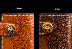 Handmade leather indian chief skull brown coffee carved biker wallet trucker billfold wallet for men