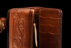 Handmade leather indian chief skull brown coffee carved biker wallet trucker billfold wallet for men - EverHandmade