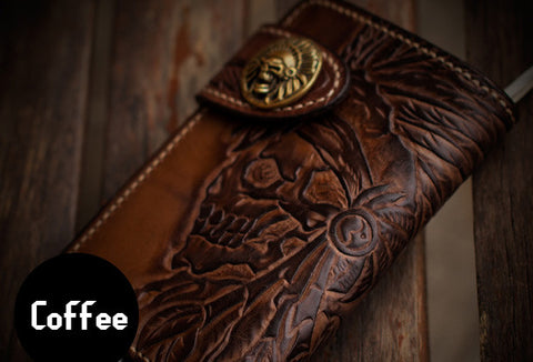 Handmade leather indian chief skull brown coffee carved biker wallet trucker billfold wallet for men