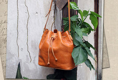 Handmade vintage bucket leather black bag orange shoulder bag crossbody for women