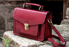 Handmade vintage satchel leather messenger bag white red shoulder bag for women