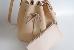 Handmade Leather shoulder bag bucket bag beige for women leather shoulder bag