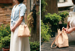 Handmade Leather shoulder bag bucket bag beige for women leather shoulder bag