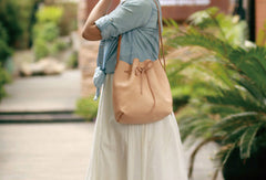 Handmade Leather shoulder bag bucket bag beige for women leather shoulder bag