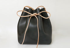 Handmade Womens Black Leather Shoulder Bucket Bags Barrel Purse for Women - EverHandmade