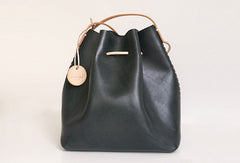 Handmade Womens Black Leather Shoulder Bucket Bags Barrel Purse for Women