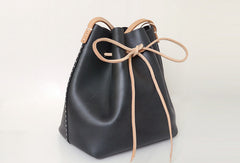 Handmade Womens Black Leather Shoulder Bucket Bags Barrel Purse for Women - EverHandmade