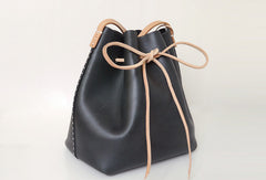Handmade Womens Black Leather Shoulder Bucket Bags Barrel Purse for Women