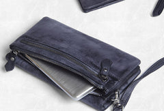 Handmade men long leather wallet clutch men bifold vintage gray brown long wallet for him