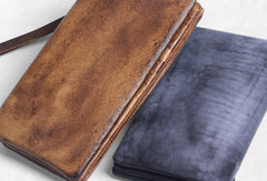 Handmade men long leather wallet clutch men bifold vintage gray brown long wallet for him - EverHandmade