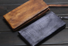Handmade men long leather wallet clutch men bifold vintage gray brown long wallet for him - EverHandmade
