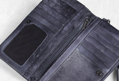 Handmade men long leather wallet clutch men bifold vintage gray brown long wallet for him