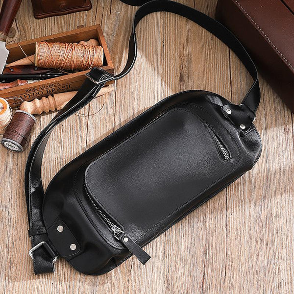 Handmade Black LEATHER MEN Sling Bag Waist - Back View