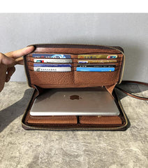 Handmade Black Leather Mens Bifold Wristlet Wallet Brown Clutch Wallet IPAD Bag Clutch Purse Men