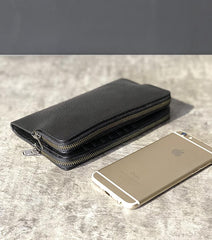 Handmade Black Leather Mens Bifold Long Wallet Brown Multifunction Wallet Phone Wallet Card Holder Clutch Men