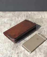 Handmade Black Leather Mens Bifold Long Wallet Brown Multifunction Wallet Phone Wallet Card Holder Clutch Men