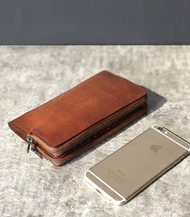 Handmade Black Leather Mens Bifold Long Wallet Brown Multifunction Wallet Phone Wallet Card Holder Clutch Men