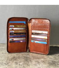 Handmade Black Leather Mens Bifold Long Wallet Brown Zipper Long Wallets Card Holders Clutch Men