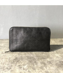 Handmade Black Leather Mens Bifold Long Wallet Brown Zipper Long Wallets Card Holders Clutch Men