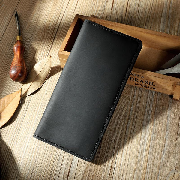 Handmade Black Leather Mens Bifold Long Wallet - Back View