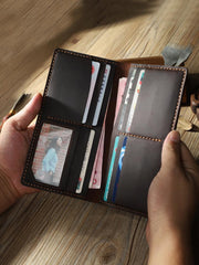 Handmade Black Leather Mens Bifold Long Wallet Personalized Black Checkbook Wallets for Men