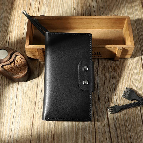 Handmade Black Leather Mens Bifold Long Wallets - Back View