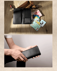 Handmade Black Leather Mens Bifold Long Wallets Personalized Black Checkbook Wallet for Men