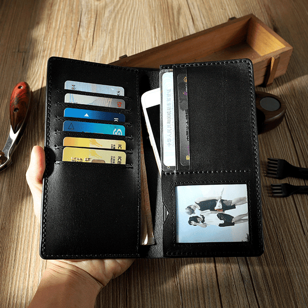 Handmade Black Leather Mens Bifold Long Wallets - Back View